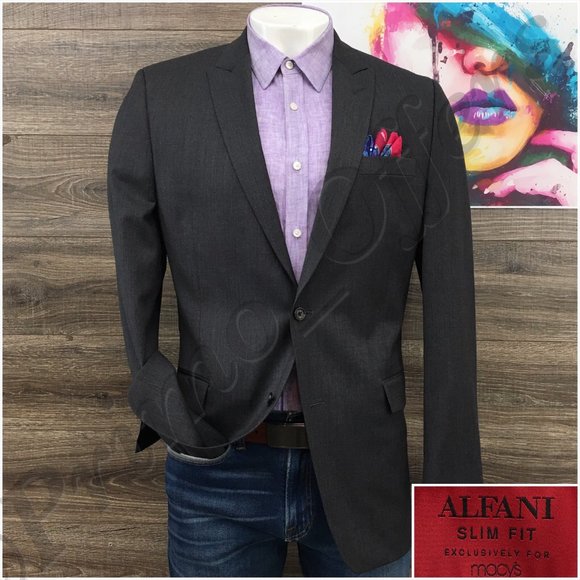 Alfani Mens Blazer Sport Coat Two Button Jacket Wool‎ Size 42L Slim Casual Suits